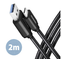 AXAGON BUCM3-AM20AB, SPEED kabel USB-C <-> USB-A, 2m, USB 3.2 Gen 1, 3A, ALU, oplet, černý