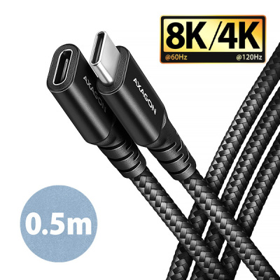 AXAGON BUCM32-CF05AB prodlužovací kabel USB-C (M) <-> USB-C (F), 0.5m, USB 20Gbps, PD 240W 5A, 8K HD, ALU, oplet, černý