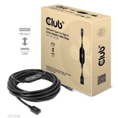 BAZAR - Club3D Kabel USB-C na USB-A, Aktivní adaptér/kabel, 5 Gbps (M/F), 10m - Rozbaleno (Komplet)