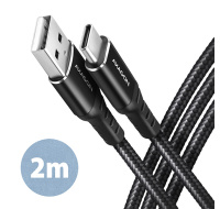 AXAGON BUCM-AM20AB, HQ kabel USB-C <-> USB-A, 2m, USB 2.0, 3A, ALU, oplet, černý